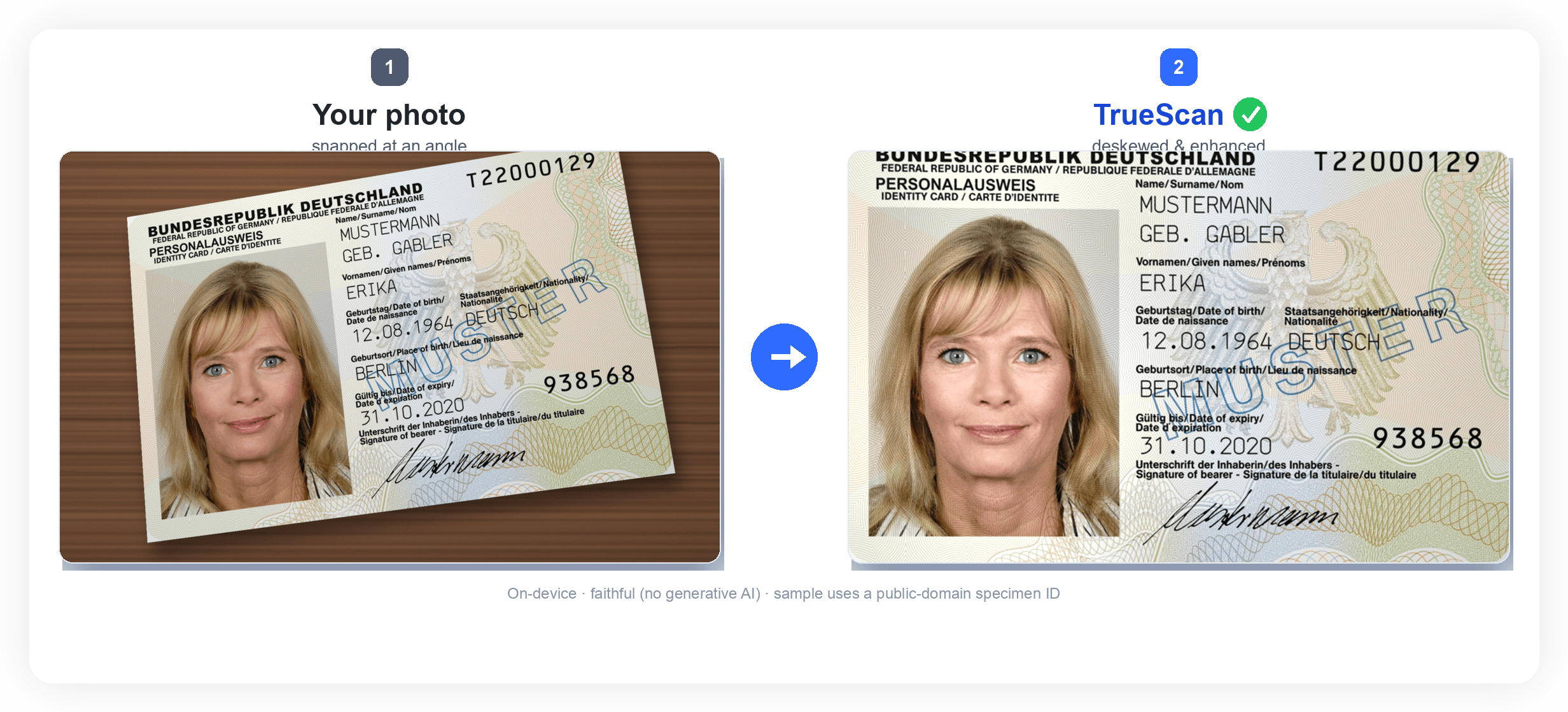 Before and after: a photo of an ID card snapped at an angle on a desk, then the same card deskewed, cropped, and faithfully enhanced by TrueScan.